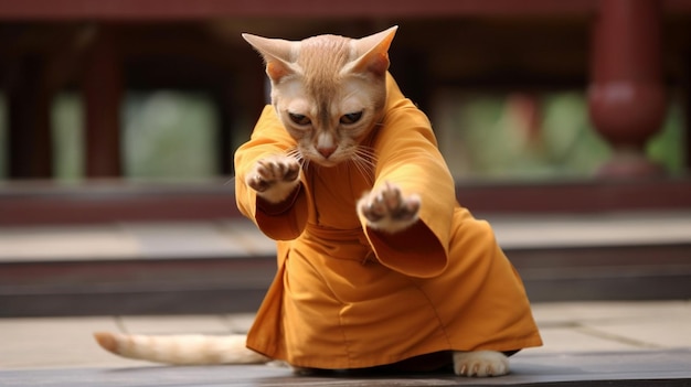 Gato de kung fu no dojo da escola de monges