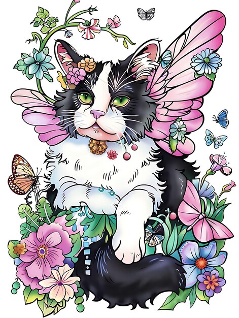 Foto gato de minsk com postura e usando asas de fada adornam a moldura design de arte desenho de ilustração