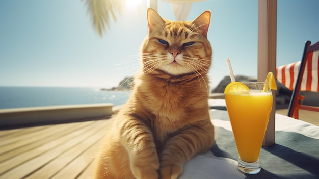 Gato de negócios com óculos escuros e suco de bebidas no fundo da praia Conceito de tempo de viagem de férias