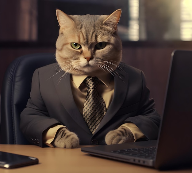 Foto gato de negócios no escritório de fato com laptop