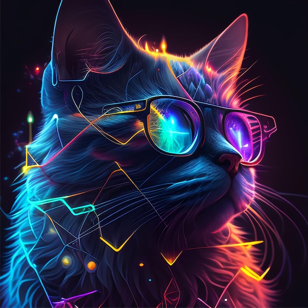 gato de óculos com arte espacial geométrica capa de álbum futurista estilo neon