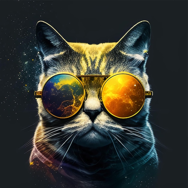 gato de óculos com arte espacial geométrica capa de álbum futurista estilo neon