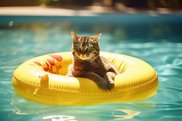 Gato de óculos de sol descansando na piscina