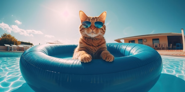 Gato de óculos escuros está descansando em um colchão inflável nas férias da piscina no resort Dia de folga