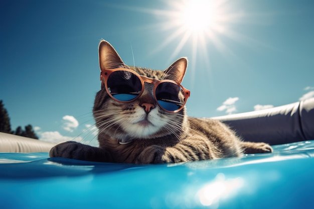 Gato de óculos escuros está descansando em um colchão inflável nas férias da piscina no resort Dia de folga