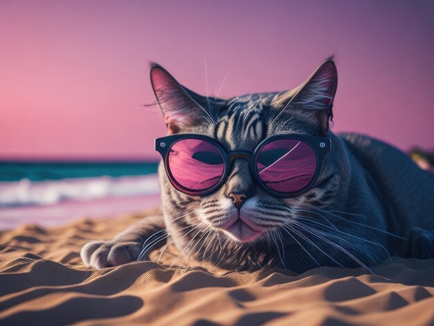 Gato de óculos relaxa na praia engraçado animal de estimação ai generative