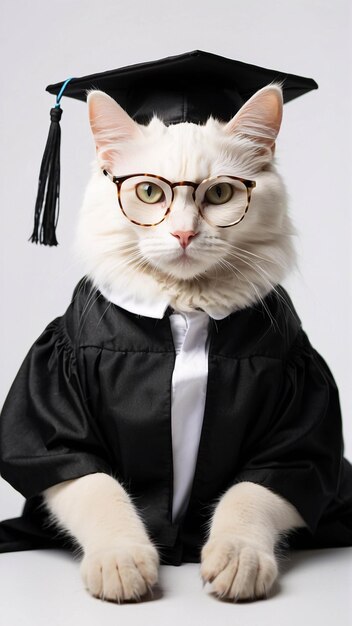 Gato de pelagem branca bonito usando chapéu de formatura e terno de formatura