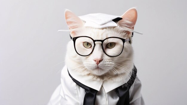 Gato de pelagem branca bonito usando chapéu de formatura e terno de formatura