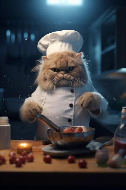 Foto gato de personagem animal como um chef trabalhando na cozinha antropomórfico