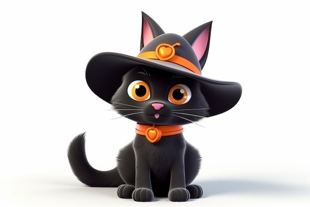 Gato de personagem de desenho animado 3D com chapéu de bruxa no conceito de férias de fundo branco