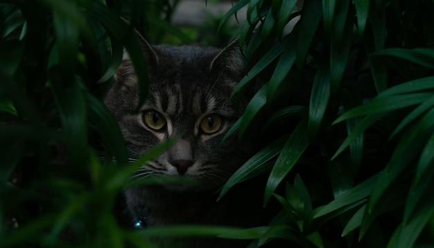 Gato de rua entre grama verde alta olhando na câmera.