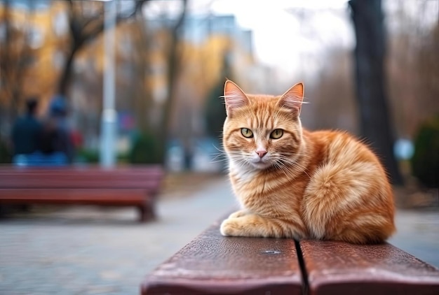 Gato de rua vermelho sentado no banco de madeira em um parque da cidade
