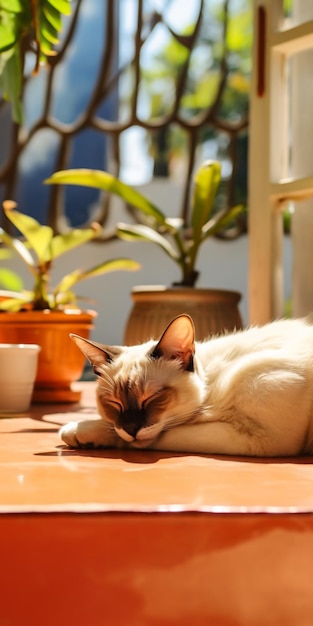 Gato de Siesta relaxando ao pé da janela em meio a flores