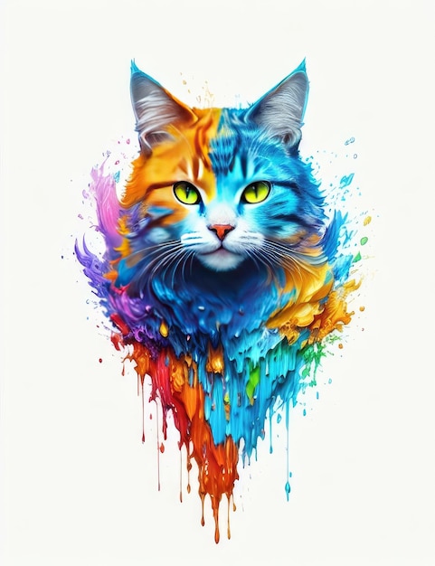 Gato de tinta multicolorida em um fundo branco Generative AI