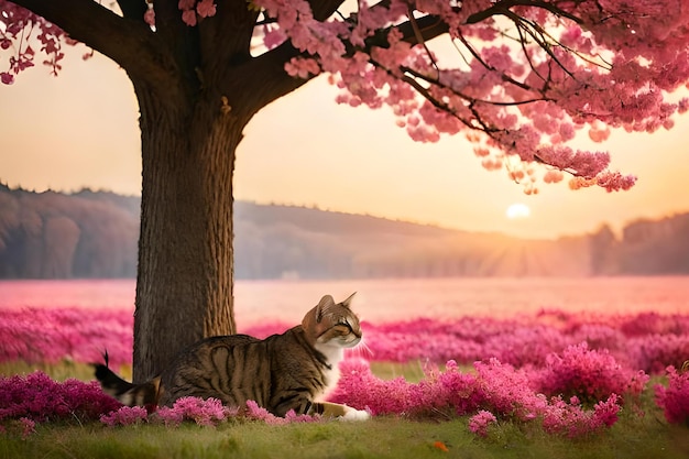 Un gato debajo de un árbol con flores rosas.