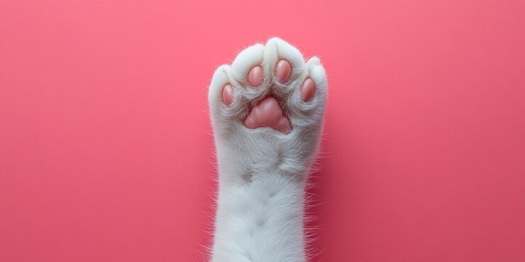 un gato con dedos de los pies y de los pies rosados en un fondo rosa