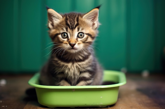 El gato defeca en una caja de plástico en casa.