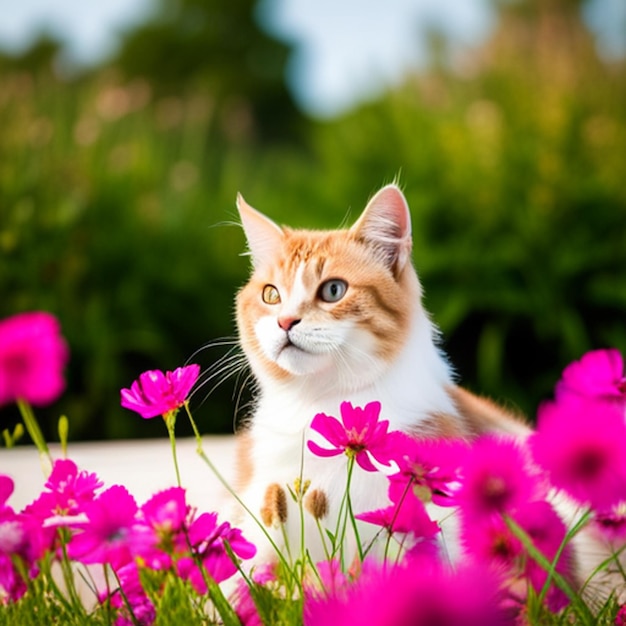 Gato deitado em um campo de flores fundo Foto Dia Internacional do Gato Ai Gerado