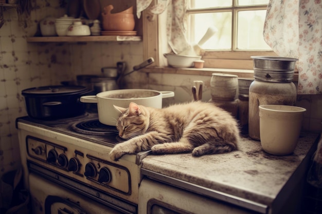 Gato deitado na mesa em uma cozinha retrô muito antiga IA generativa