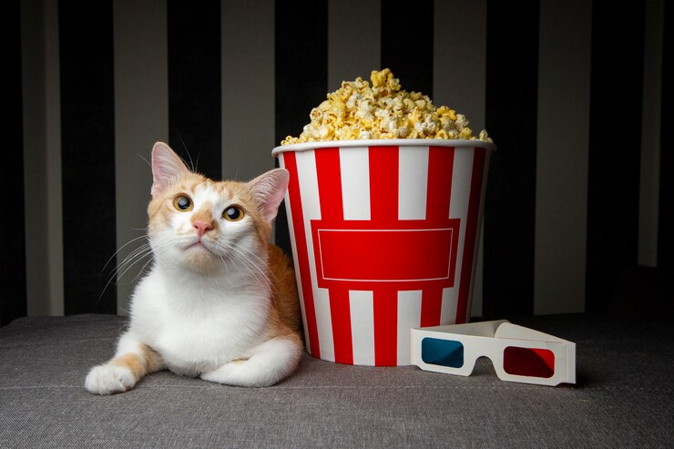 Foto gato deitado no sofá com pipoca e assistindo televisão, ele está descansando à noite na sala, copie o espaço para texto