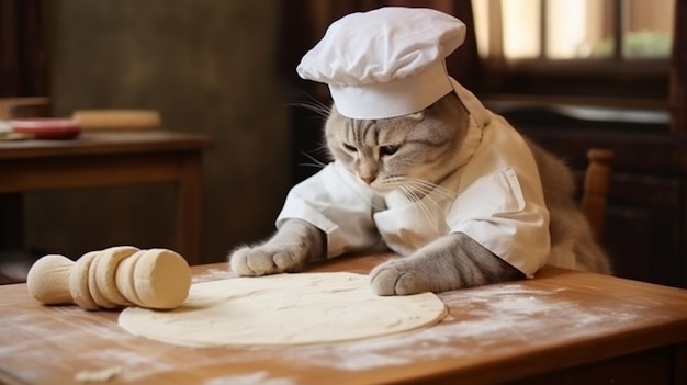 Un gato con un delantal y una gorra despliega la masa cocinando en casa