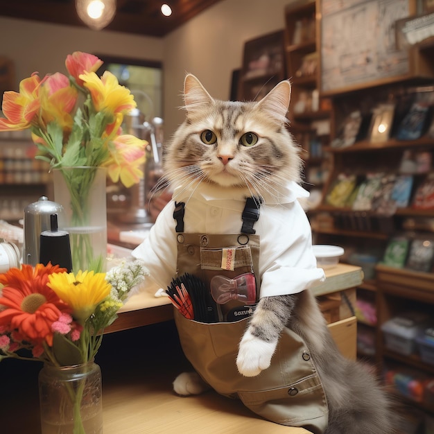 Foto gato con delantal y gorra sentado en el mostrador de una cafetería.