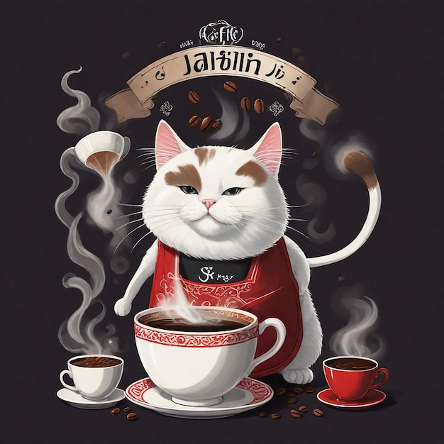 un gato con un delantal rojo se sienta en una taza de café