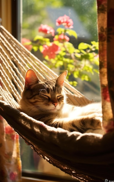 Un gato descansando en una acogedora hamaca