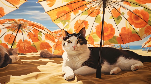 un gato descansando en un parche soleado de arena rodeado de sombrillas de playa