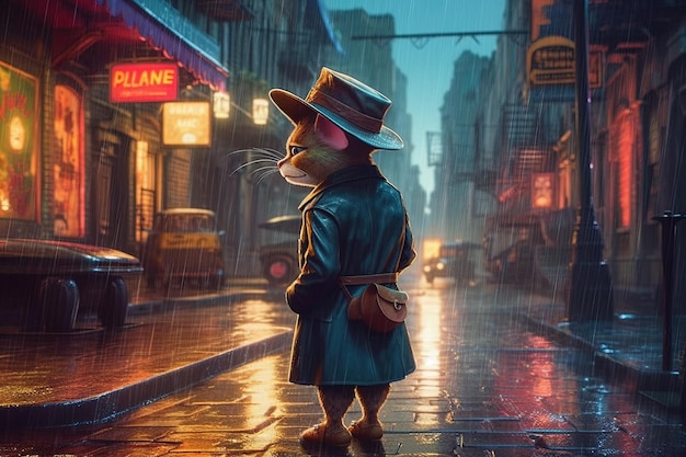 Gato detective duro fumando un cigarrillo y usando un sombrero de fieltro parado frente a un letrero de neón en un callejón empapado de lluvia ilustración generativa ai