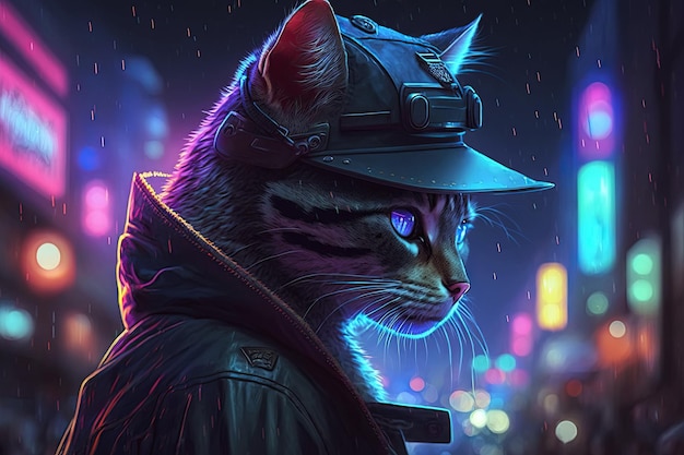 Gato detective con sombrero por la noche en la ciudad con una luz de neón al estilo cyberpunk