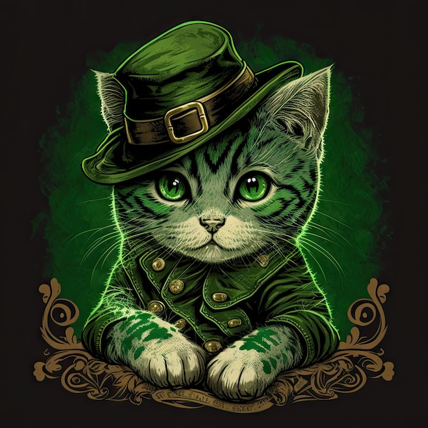 Gato del día de San Patricio en disfraz verde con sombrero ai generado ilustración de bonitos retratos de animales gatito gracioso y marco animal de primavera tarjeta de felicitación de San Patrick