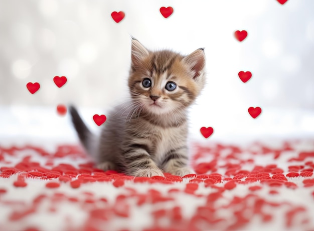 Gato del día de San Valentín Pequeño gatito rayado deslizándose sobre una sábana blanca con corazones rojos Amor al concepto de mascotas gatito doméstico