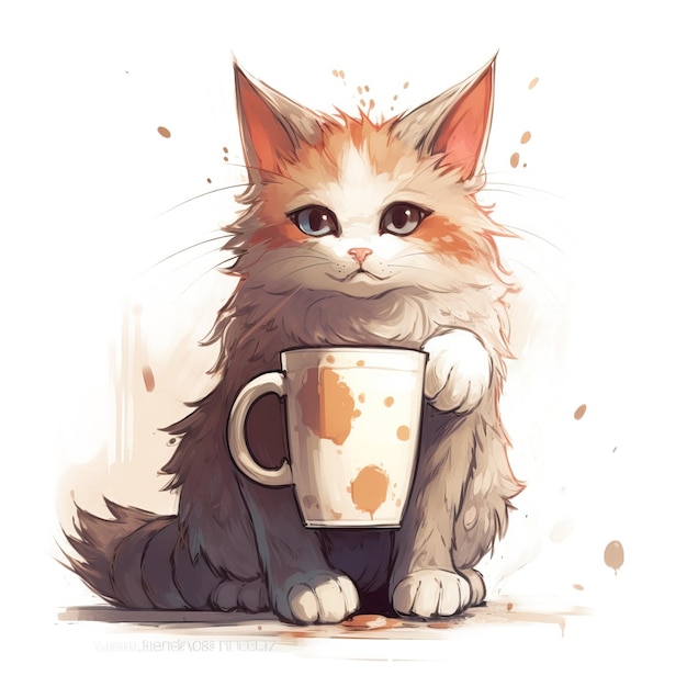 Gato dibujado en anime con un café