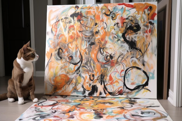 Gato dibujando ilustraciones abstractas con un perro sentado cerca creado con ai generativo