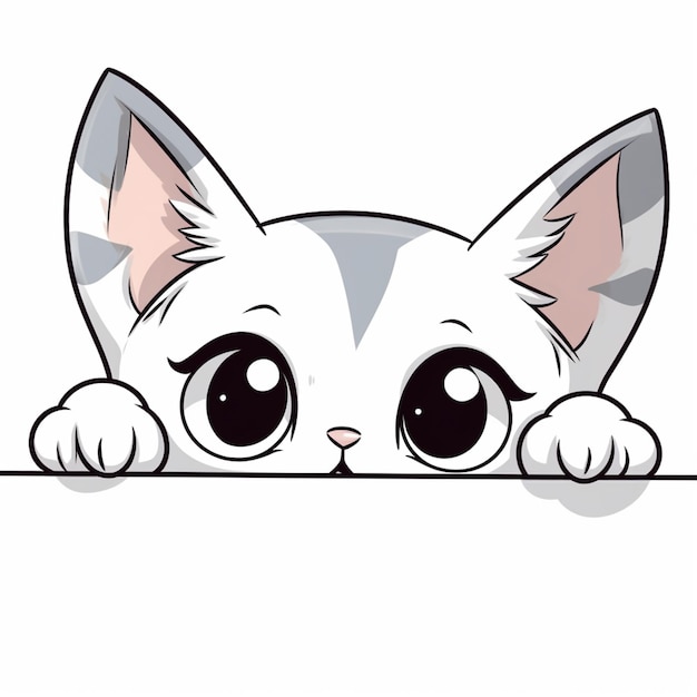 Foto gato de dibujos animados asomándose sobre un cartel en blanco con grandes ojos generativo ai