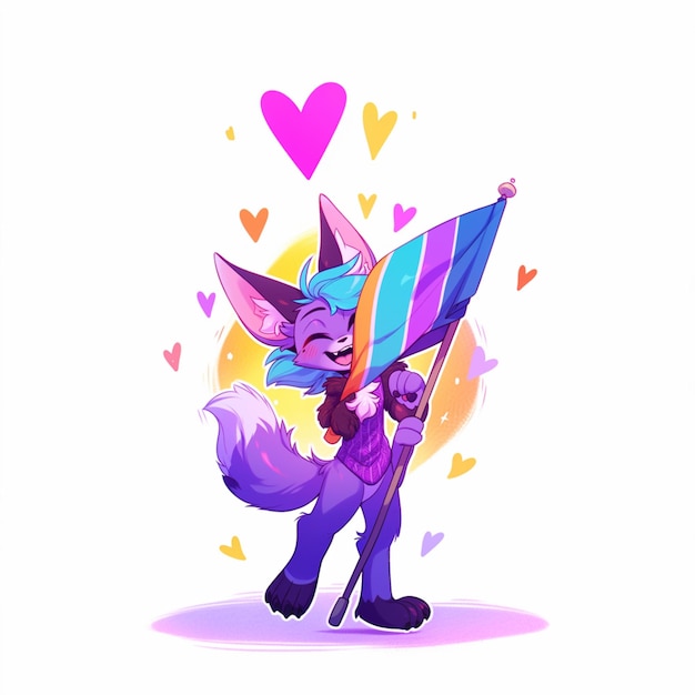 Foto gato de dibujos animados con una bandera arco iris y corazones generativo ai
