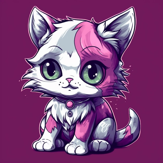 gato de dibujos animados con cabello rosado y ojos verdes sentado en un ai generativo de fondo púrpura