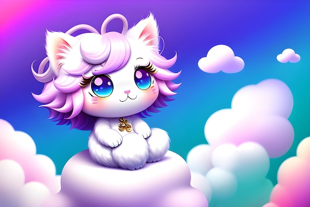 un gato de dibujos animados de chibi peludo sonriente mirando hacia arriba sentado en la nube del arco iris