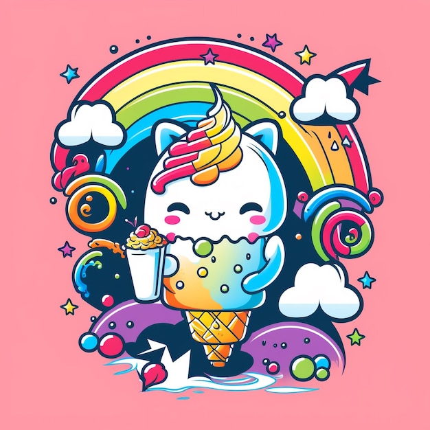 Foto un gato de dibujos animados con un cono de helado de arco iris