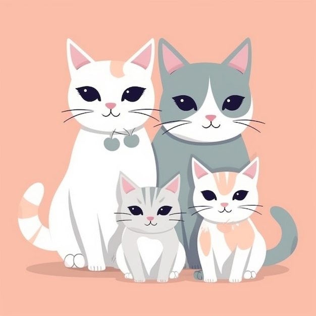 Un gato de dibujos animados con una familia de gatos en un fondo rosa.