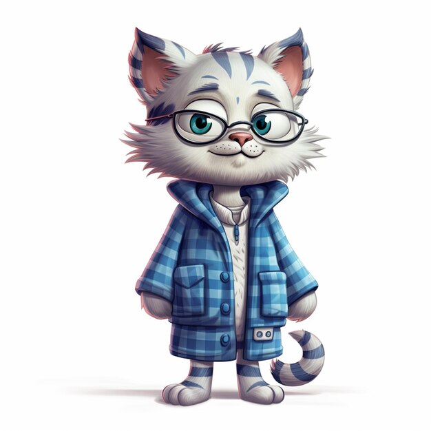 gato de dibujos animados con gafas y un abrigo azul de pie frente a un fondo blanco generativo ai