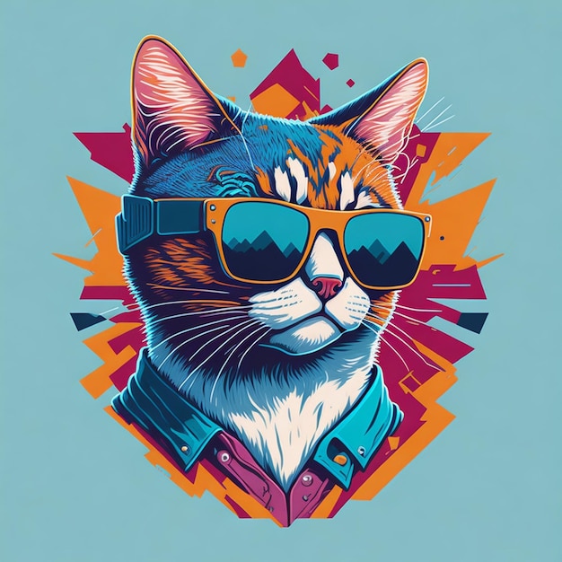 Un gato de dibujos animados con gafas de sol en la cabeza y la palabra gato en el frente.