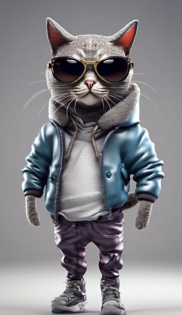 Gato de dibujos animados con gafas de sol y chaqueta con capucha en la cabeza y gafas de Sol renderización 3D