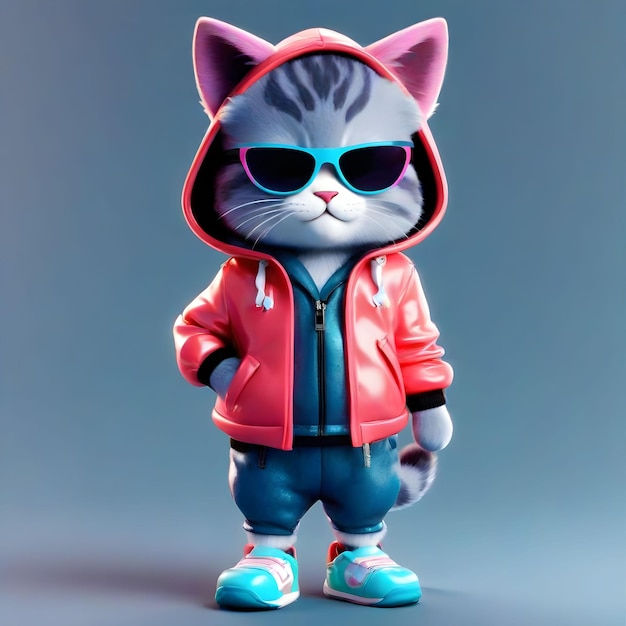 Gato de dibujos animados con gafas de sol y chaqueta con capucha en fondo transparente renderización 3D