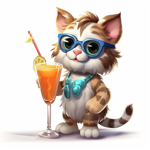 gato de dibujos animados con gafas de sol sosteniendo un vaso de jugo de naranja generativo ai