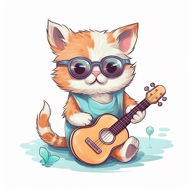 gato de dibujos animados con gafas de sol tocando la guitarra y usando gafas de luz generativa ai