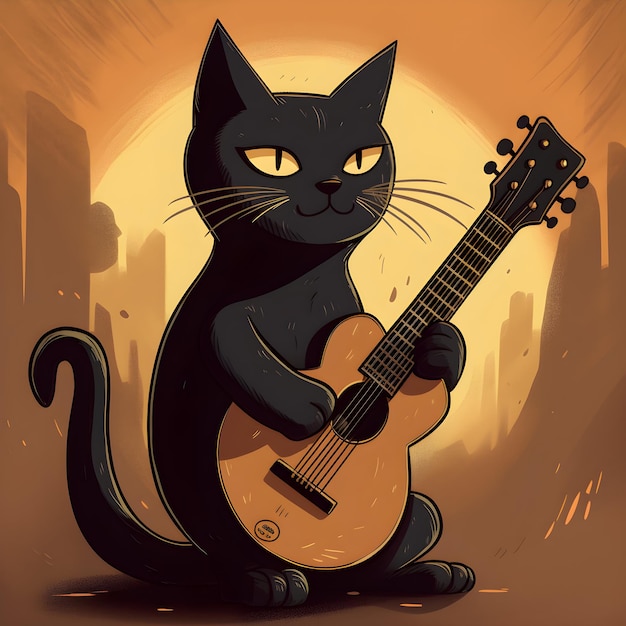 Un gato de dibujos animados con una guitarra