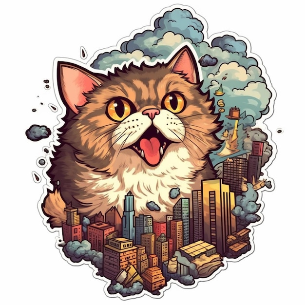 un gato de dibujos animados con el horizonte de una ciudad en el fondo ai generativo