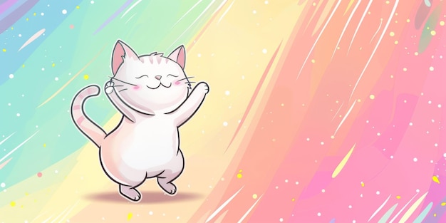 Foto gato de dibujos animados en el lado izquierdo bailando en el fondo colorido pastel